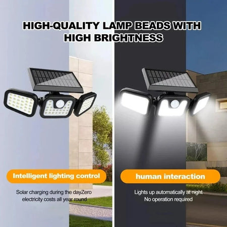 Solar Outdoor Lights 2500LM 74 LED Security Lights,3 Heads Motion Sensor Lights, IP65 Waterproof,270° Wide Angle Flood Wall Lights with 3 Modes