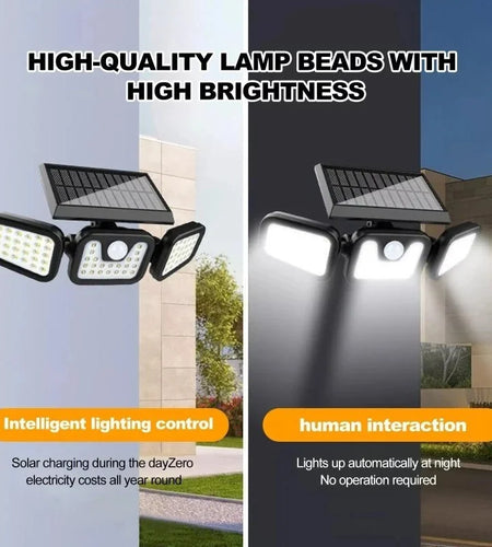Solar Outdoor Lights 2500LM 74 LED Security Lights,3 Heads Motion Sensor Lights, IP65 Waterproof,270° Wide Angle Flood Wall Lights with 3 Modes