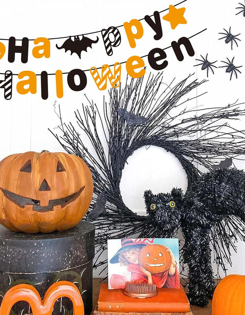 Load image into Gallery viewer, Orange Black Halloween Party Banner with Bat Pumpkin Sign Happy Halloween Letter Banner for Haunted Houses Doorways Home Outdoor Indoor Party Decorations
