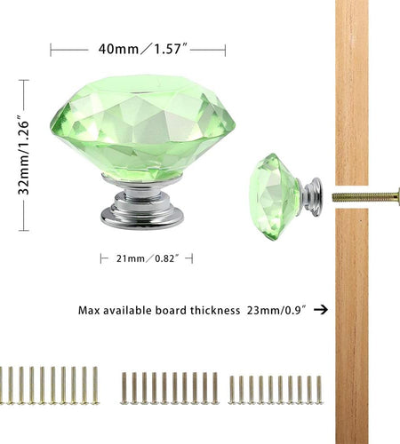 10 PCS Diamond Crystal Glass Pull Handle Cabinet Knobs Cupboard Drawers Cabinet Dresser Bookcase Wardrobe (40Mm, Green)