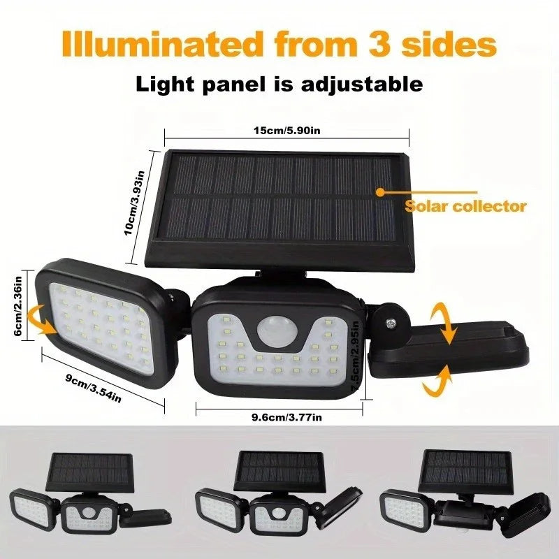 Solar Outdoor Lights 2500LM 74 LED Security Lights,3 Heads Motion Sensor Lights, IP65 Waterproof,270° Wide Angle Flood Wall Lights with 3 Modes