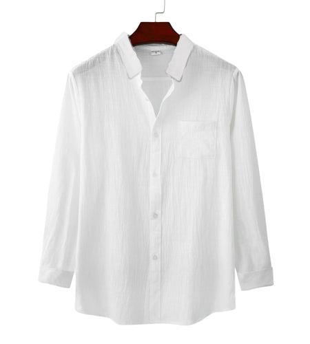 Autumn New Men Plain Cotton and Linen-Blend Loose Lapels Long-Sleeved Casual Cardigan Beach Shirt