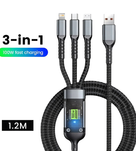 Transparent Luminous 3-In-1 Super Fast Charging Cable, 3 in 1 Charging Cable, Universal with Type-C Micro for Iphone15 14 13