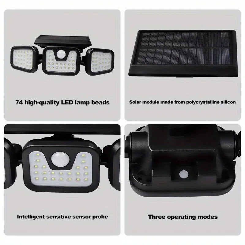 Solar Outdoor Lights 2500LM 74 LED Security Lights,3 Heads Motion Sensor Lights, IP65 Waterproof,270° Wide Angle Flood Wall Lights with 3 Modes