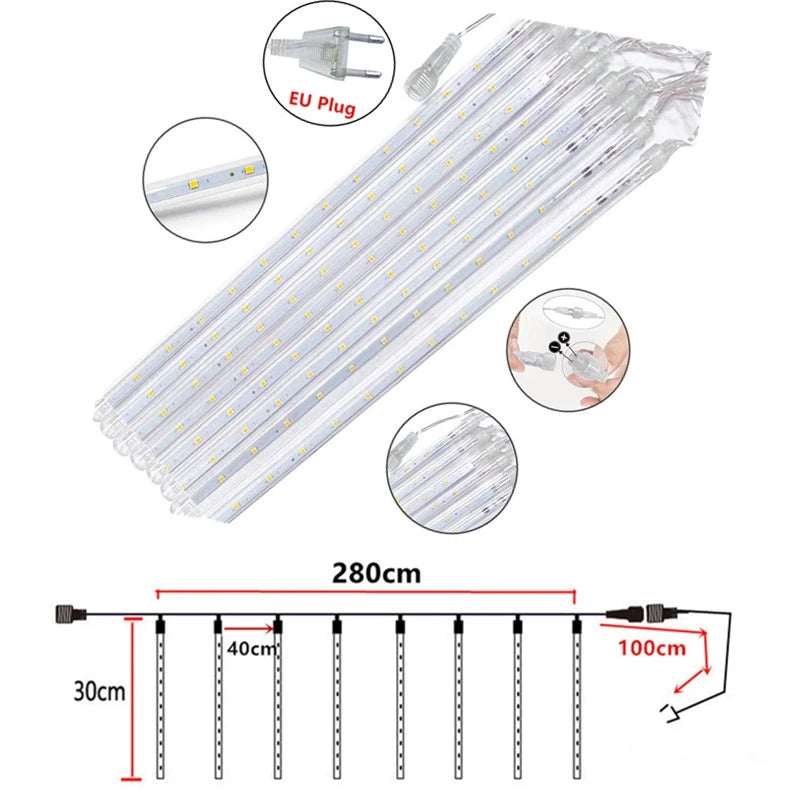 Outdoor Meteor Shower Christmas Lights 10 Tubes 192 Led Hanging String Lights for Garden Tree Holiday Party Decoation Lamp