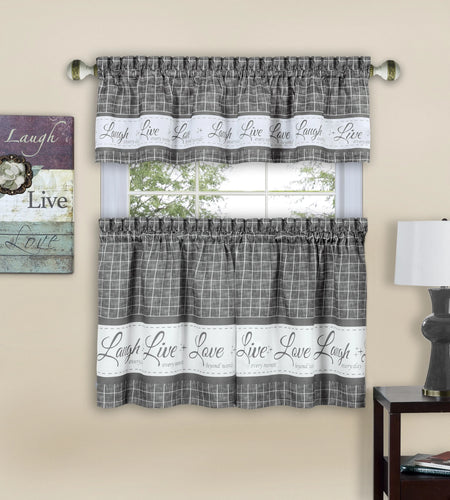 Gingham Check Live~Laugh~Love Complete 3 Pc. Kitchen Curtain Tier & Valance Set - Gray, 36 In. Long