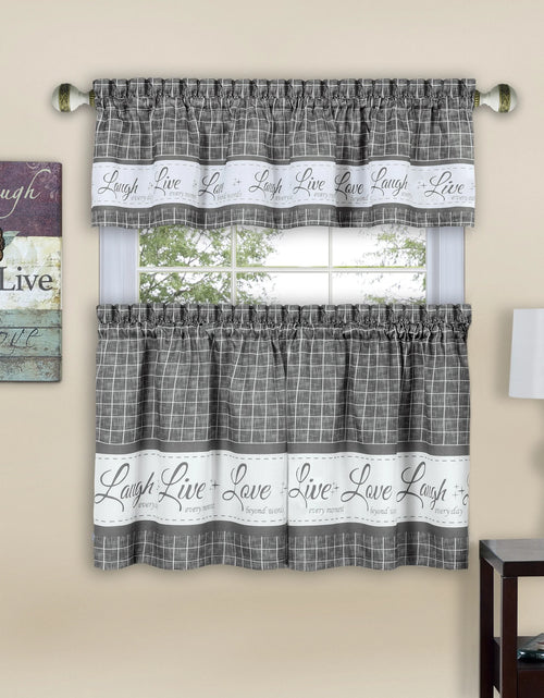 Load image into Gallery viewer, Gingham Check Live~Laugh~Love Complete 3 Pc. Kitchen Curtain Tier &amp; Valance Set - Gray, 36 In. Long
