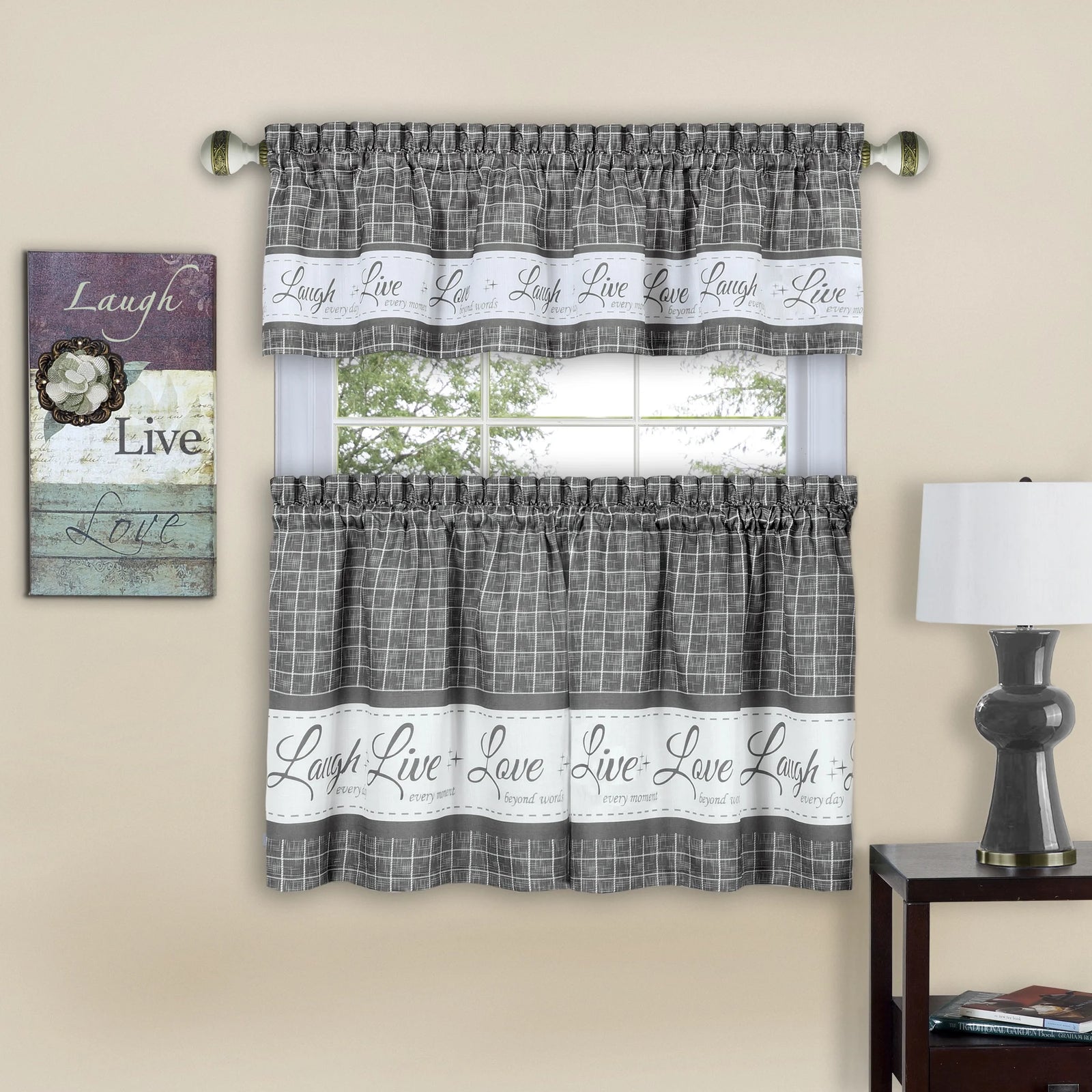 Gingham Check Live~Laugh~Love Complete 3 Pc. Kitchen Curtain Tier & Valance Set - Gray, 36 In. Long