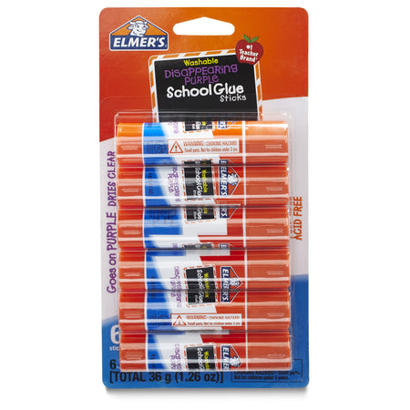 Disappearing Purple School Glue Sticks, Washable, 0.21 Ounce Glue Sticks, 6 Count