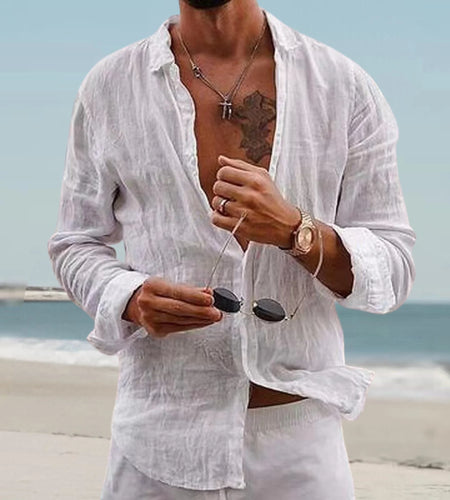 Autumn New Men Plain Cotton and Linen-Blend Loose Lapels Long-Sleeved Casual Cardigan Beach Shirt