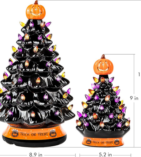 Ceramic Christmas-Halloween Tree - Orange Pumpkin Head-Home Decoration-Trick or Treat- over 35 Multicolor Bulbs Light up by Battery - Black-9 Inch