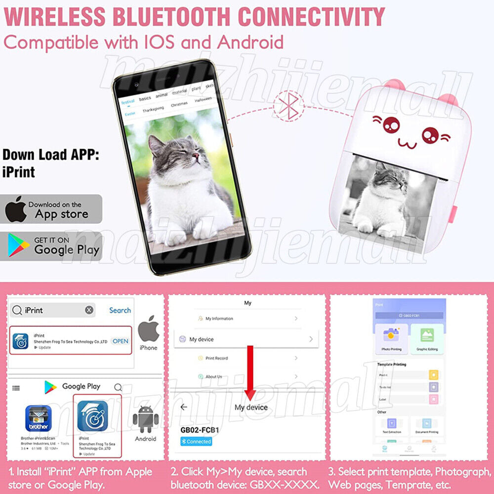 Portable Mini Pocket Thermal Printer Wireless Bluetooth Photo Inkless Printing