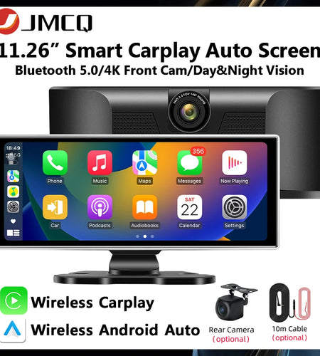 Universal 11.26" 4K Front Cam Car DVR Wireless Carplay Android Auto Video Recorder QLED Screen WIFI AUX FM Dual Lens GPS